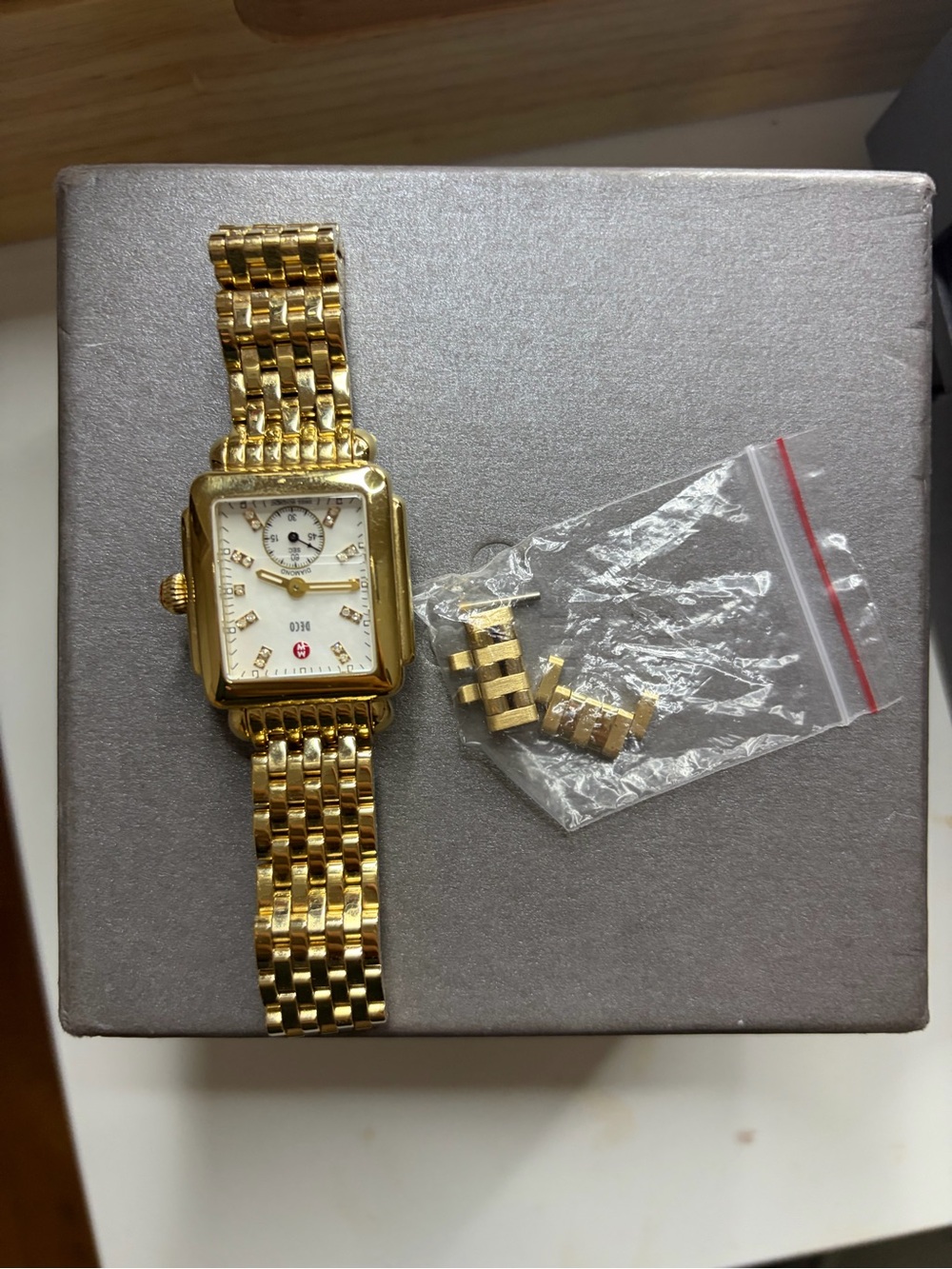 Michele 18k plated Gold Women's Bracelet Watch with white Dial and Diamonds